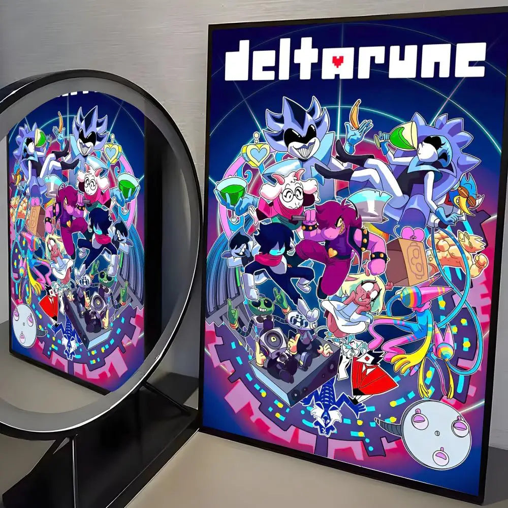 A poster featuring characters and text from Deltarune with a dark blue and purple color scheme.