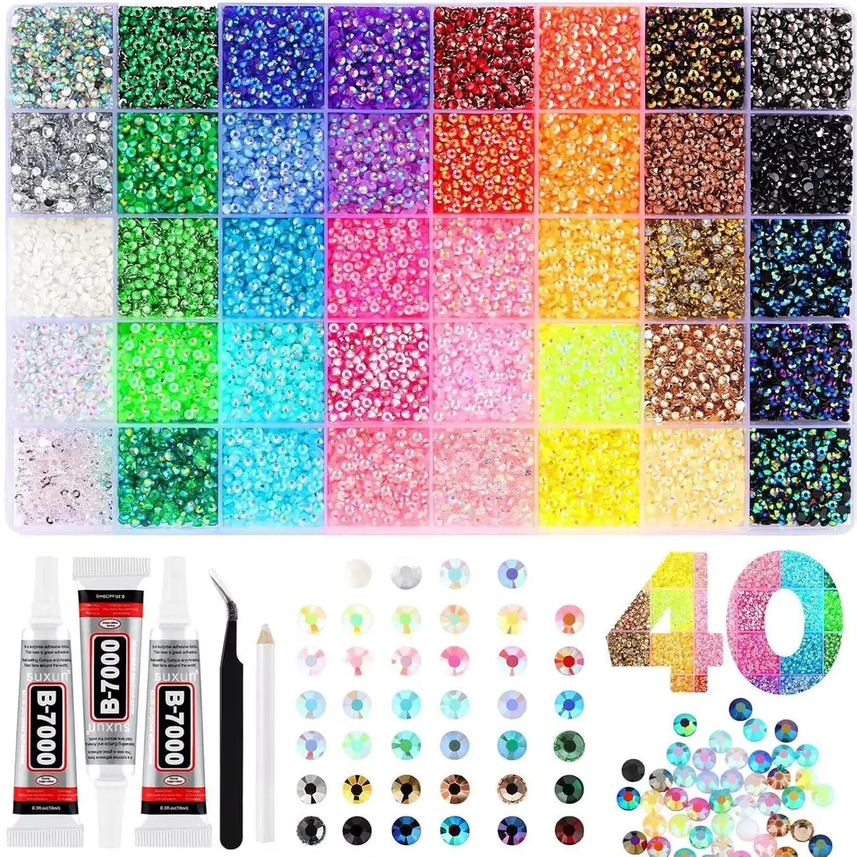A collection of colorful resin rhinestones and flatback gems for DIY crafts, displayed in various shades and sizes.