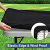 Black stretch elastic wind proof tablecloth cover draped over a white table.