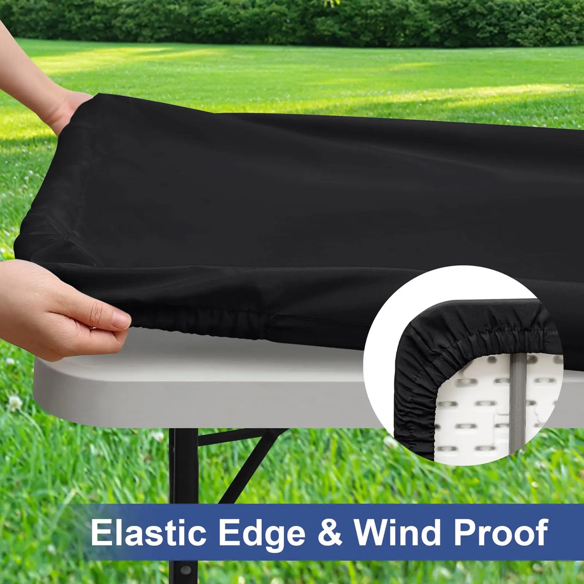 Black stretch elastic wind proof tablecloth cover draped over a white table.