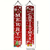 A vertical red Christmas banner featuring Merry Christmas text and festive snowflakes and holiday decorations.