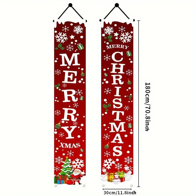 A vertical red Christmas banner featuring Merry Christmas text and festive snowflakes and holiday decorations.