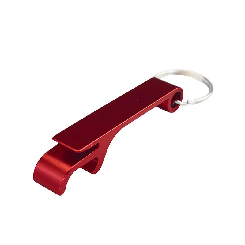 A red aluminum bottle opener keychain with a split ring loop.