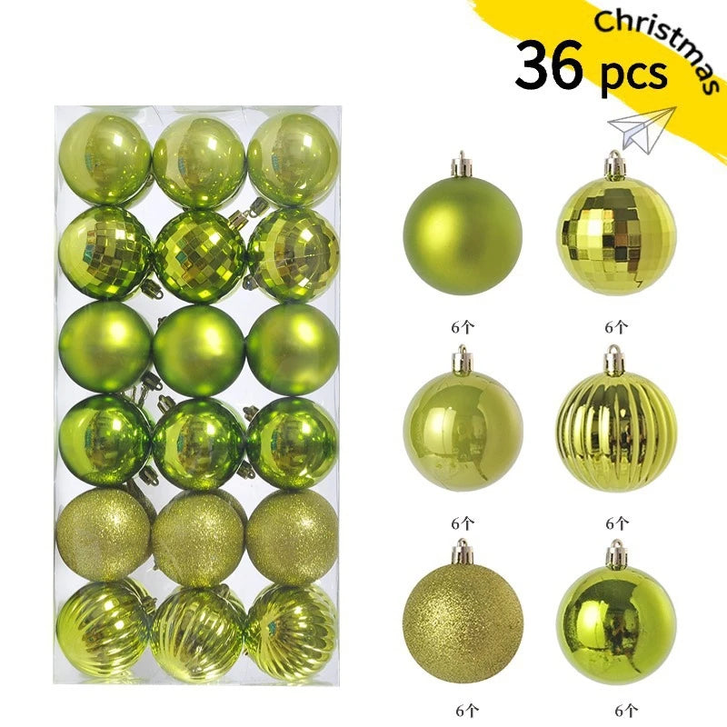 A set of 36 festive gold and lime green Christmas baubles for holiday tree and decor.