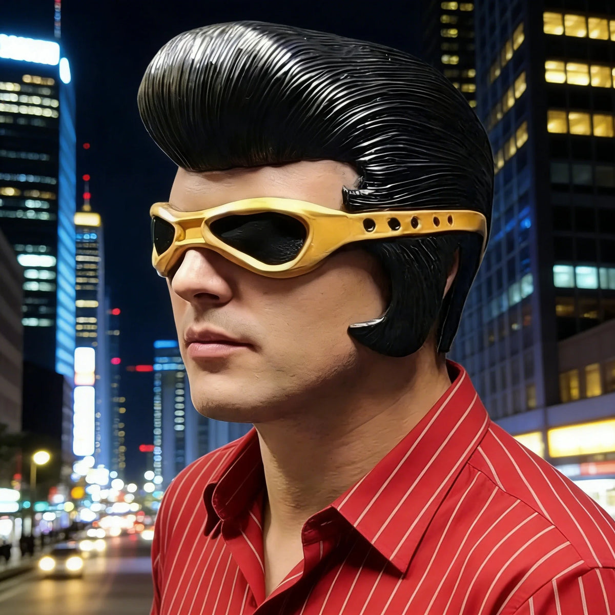 A man wearing a black sculpted latex mask resembling Elvis Presley's half-face for costume use.