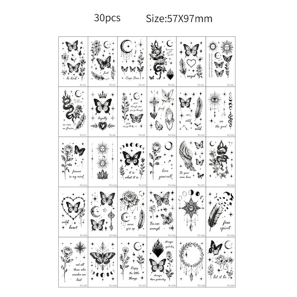 A grid of 30 designs featuring black butterfly temporary tattoos for skin