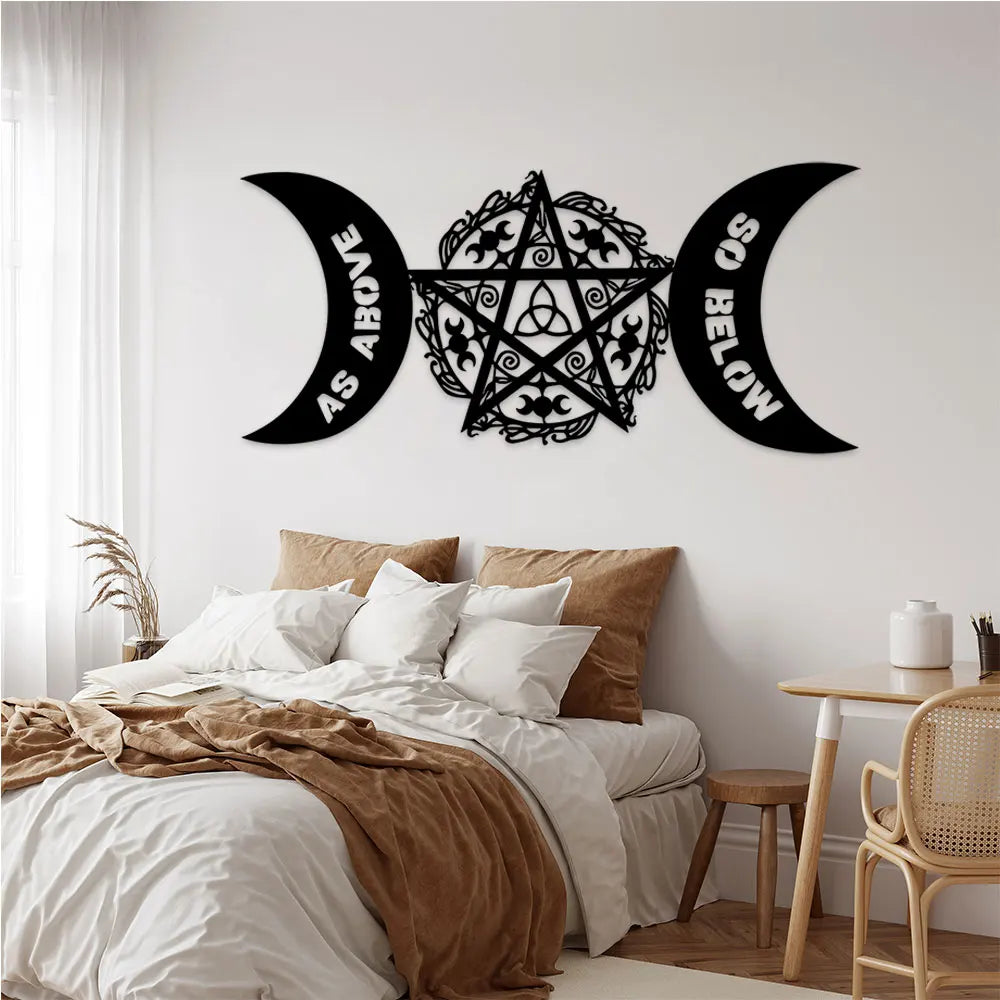 Black metal wall art featuring a pentagram design with crescent moon shapes and the text as above so below