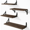 Three natural wood floating wall shelves mounted on white wall.