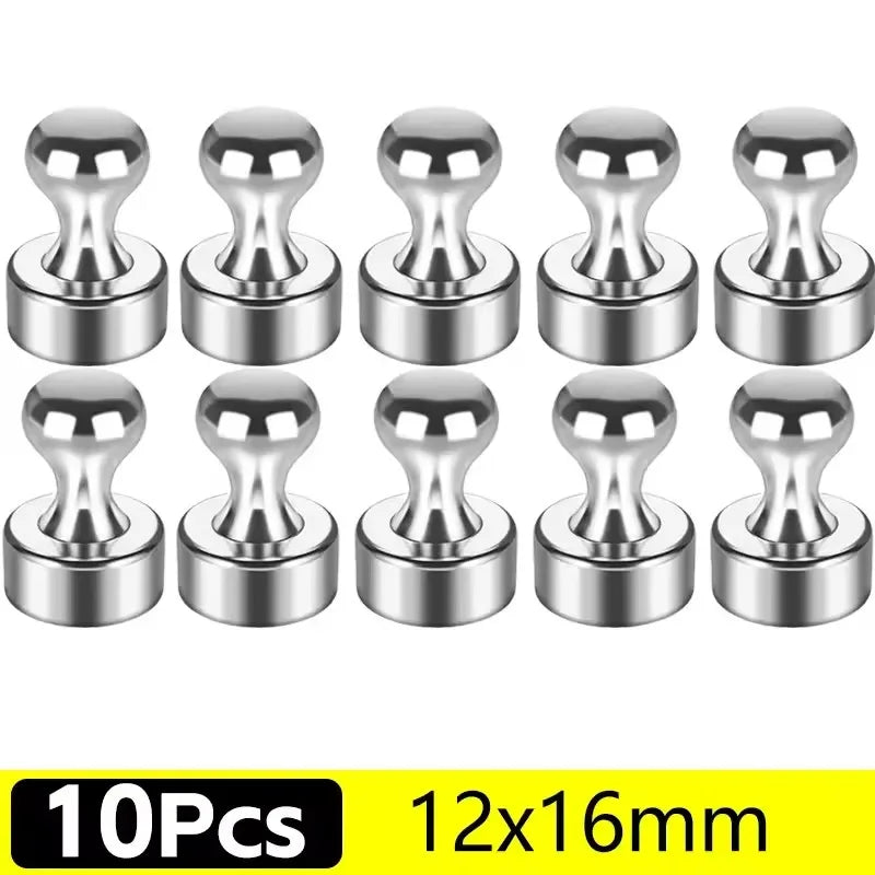 A set of ten silver magnetic pushpins with round heads and threaded bases.
