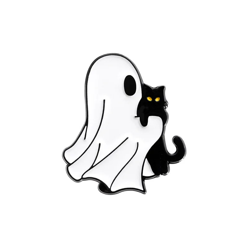 Halloween Enamel Pins Set - Cute Ghost, Black Cat, and Pumpkin Brooches for Kids