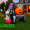 An inflatable Halloween skeleton dog with a witch hat and pumpkin, sitting on green grass.