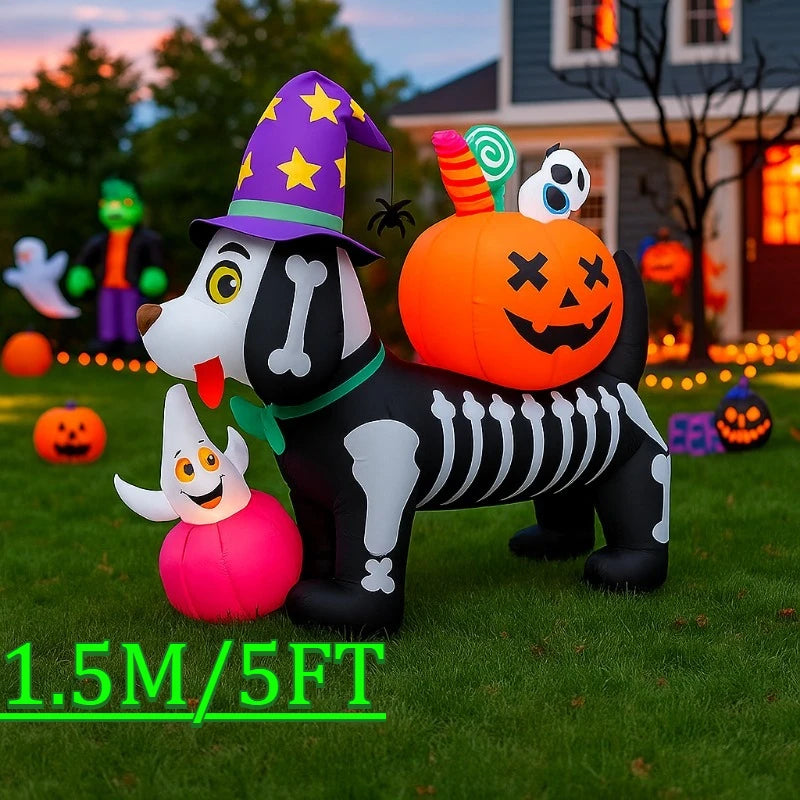 An inflatable Halloween skeleton dog with a witch hat and pumpkin, sitting on green grass.