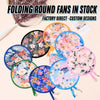 A collection of round folding fans in various floral and patterned designs are displayed on a light background.