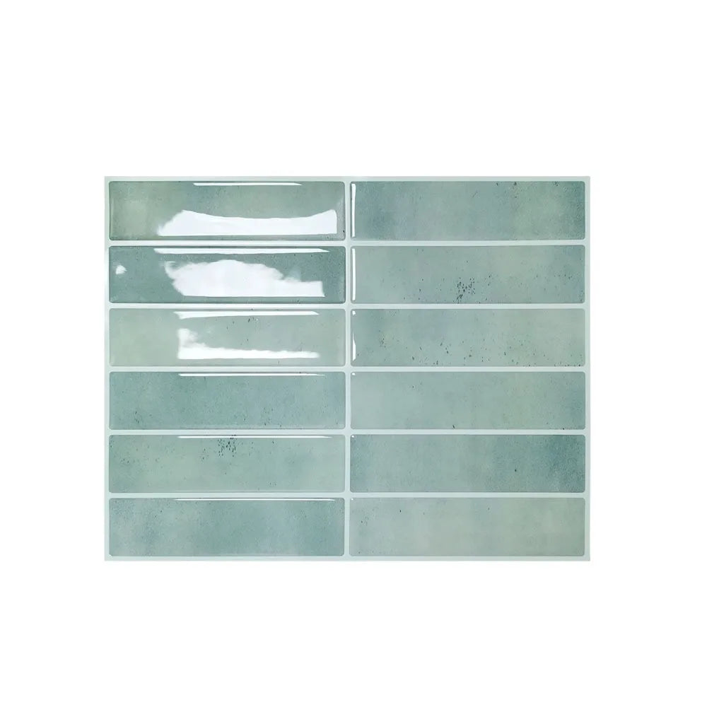 A grid of rectangular, light sage green self-adhesive tile stickers for wall decoration.