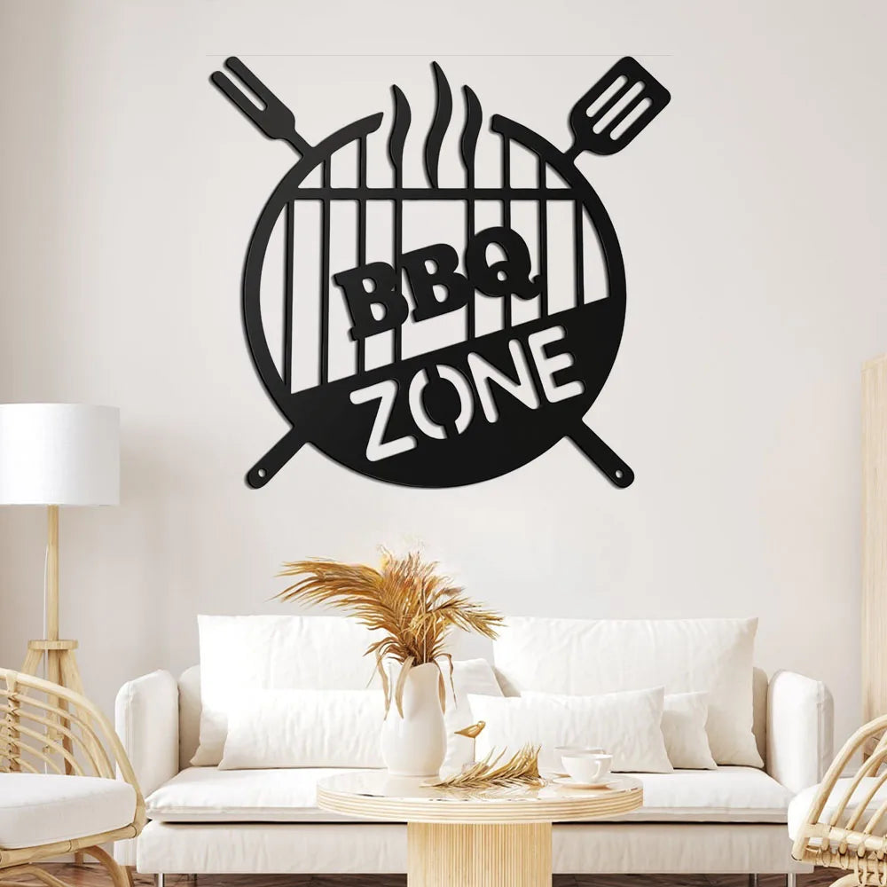 Black retro wall decor featuring a silhouette of a BBQ grill with smoke rising and the text BBQ ZONE