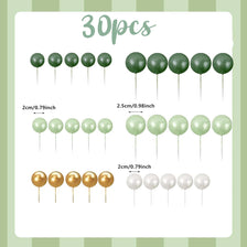 A set of 30 pearl green cake topper balls in various sizes and finishes.