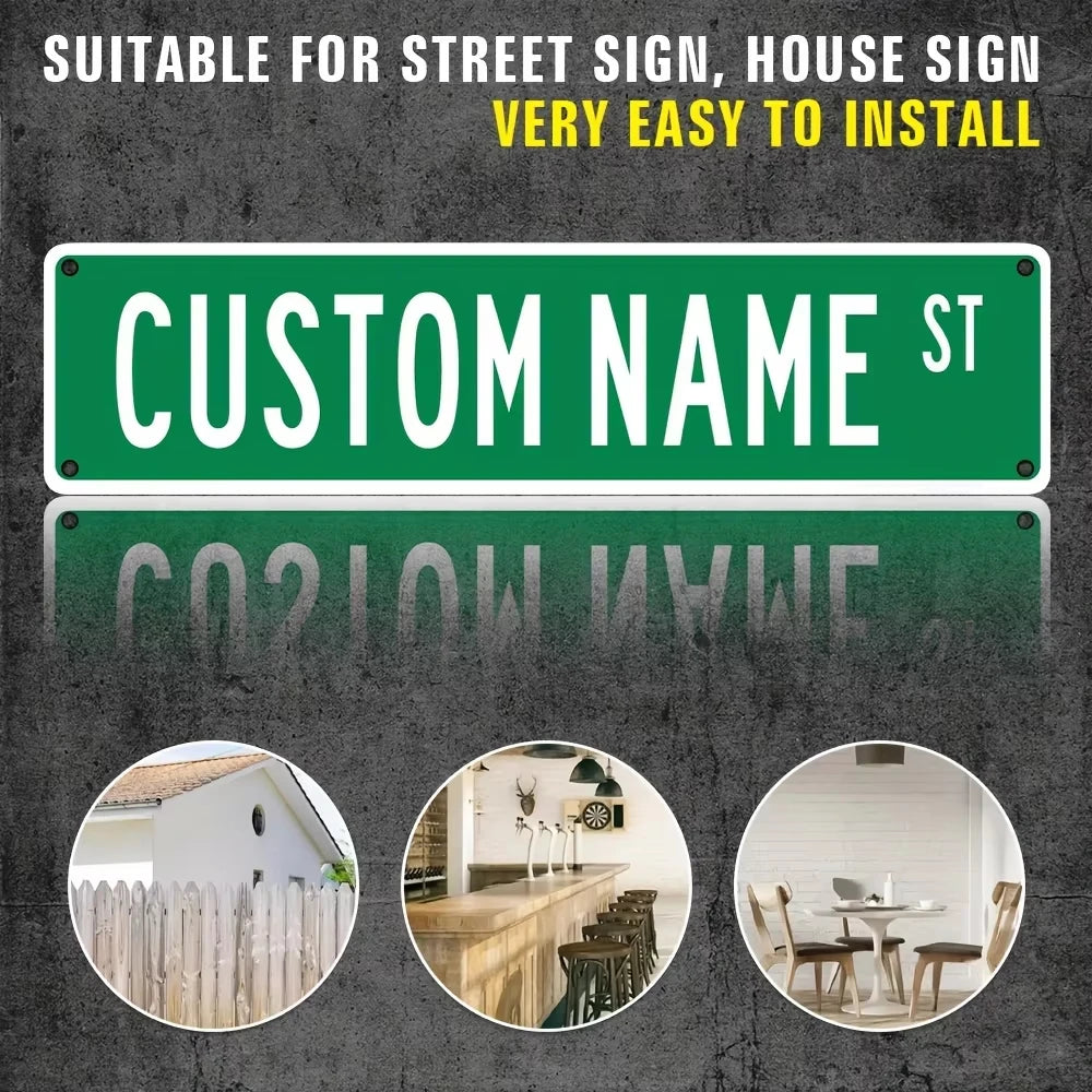 A green aluminum street sign with custom text, shown alongside examples of installation and display.