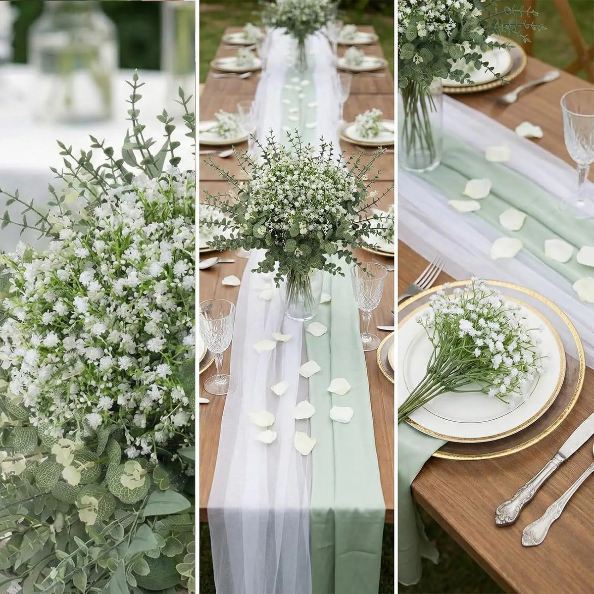 A close-up of white baby's breath flowers arranged in a lush green and white floral display.