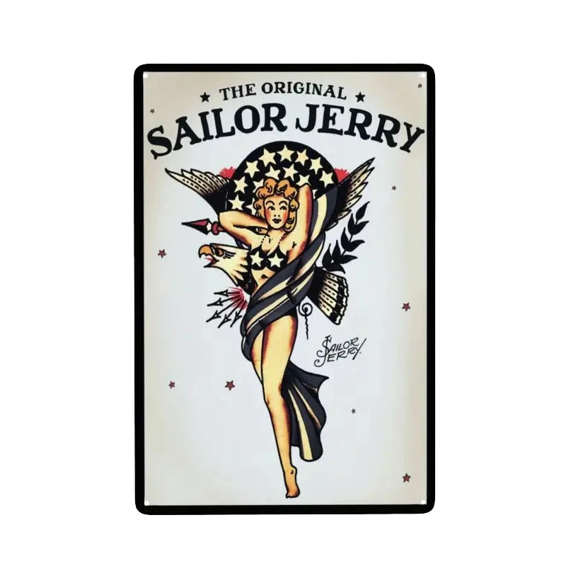 Vintage beer metal tin sign featuring a graphic of Sailor Jerry