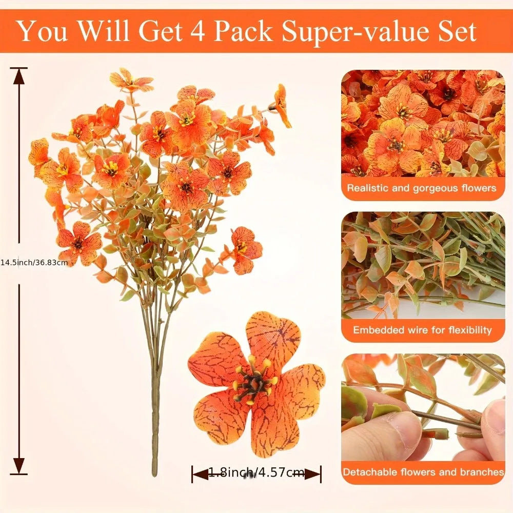 A set of four packs of realistic orange and yellow artificial flowers and branches for floral decor