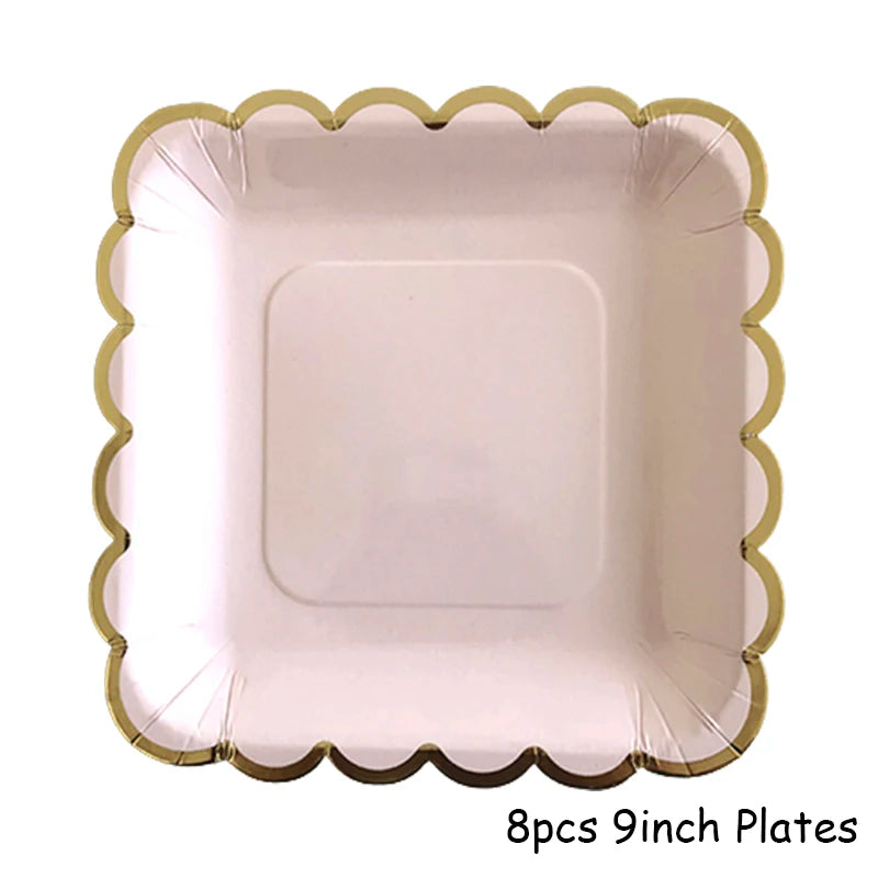 Eight 9-inch disposable plates with a scalloped gold and pink edge.