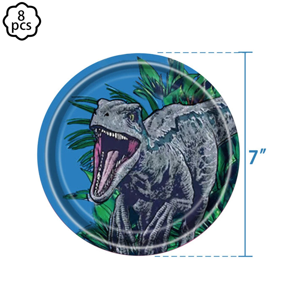 A gray dinosaur illustration on a circular badge with a 7-inch diameter.