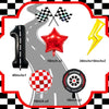 A set of nine foil balloons including a black balloon, a red star, and several checkered flag shaped balloons for a birthday 
