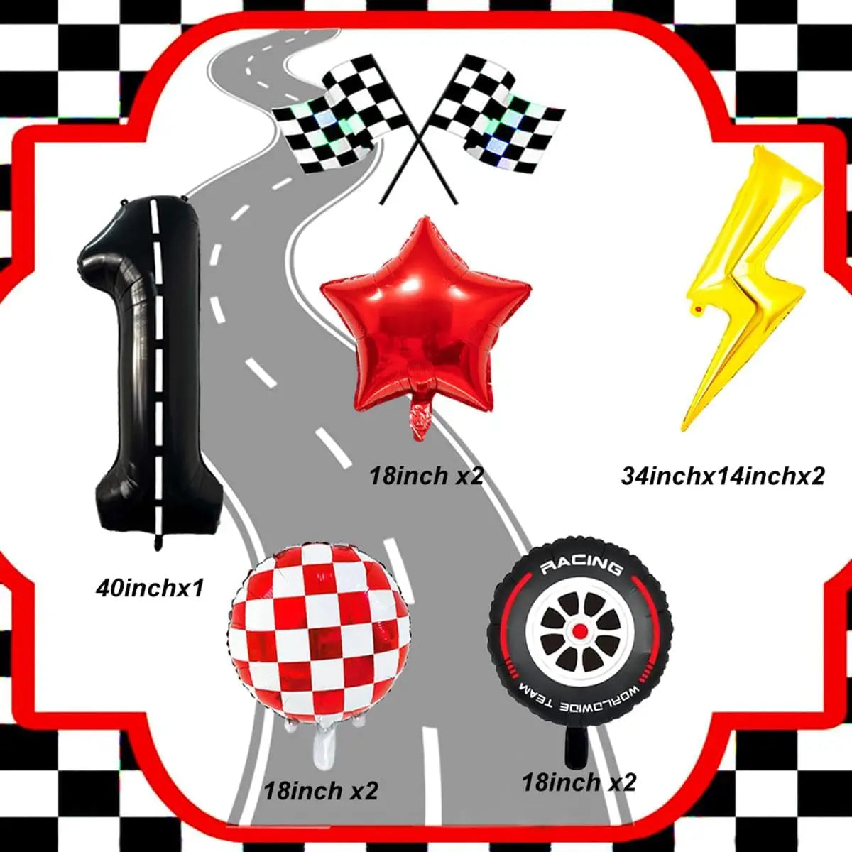 A set of nine foil balloons including a black balloon, a red star, and several checkered flag shaped balloons for a birthday 