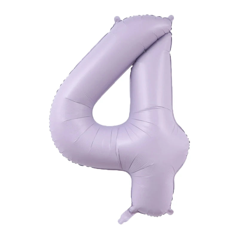 A purple foil number balloon shaped like the number 4.