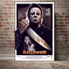 Poster art featuring Michael Myers from Halloween with a knife and a figure in the background