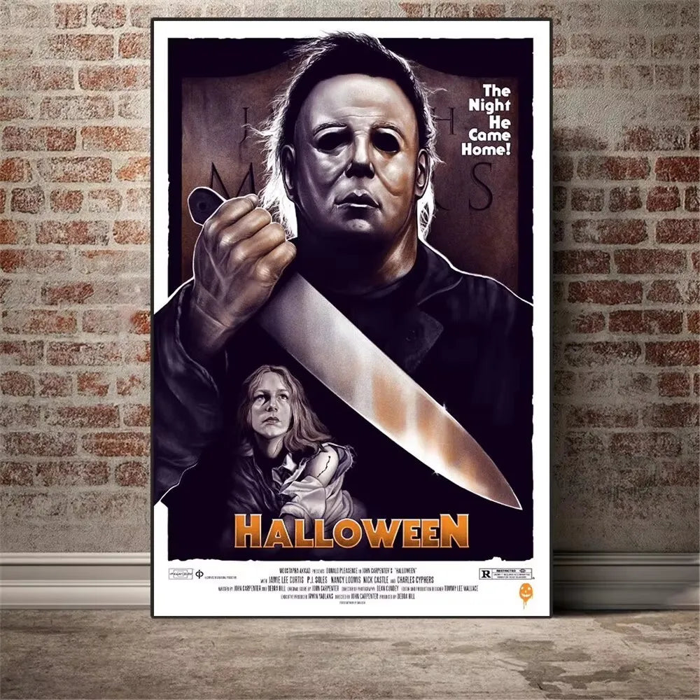 Poster art featuring Michael Myers from Halloween with a knife and a figure in the background