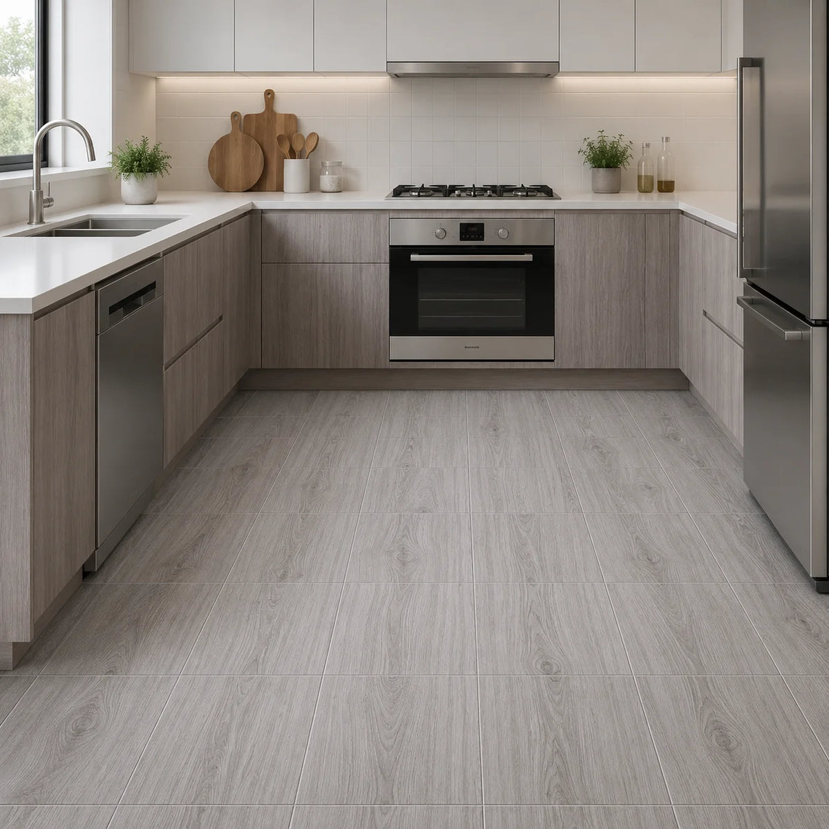 Modern kitchen featuring light wood grain flooring and gray cabinetry with a stainless steel range hood and backsplash.