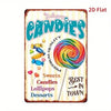 A 2D flat design graphic featuring colorful candies and the text CANDIES with a decorative border.