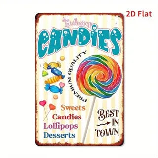 A 2D flat design graphic featuring colorful candies and the text CANDIES with a decorative border.