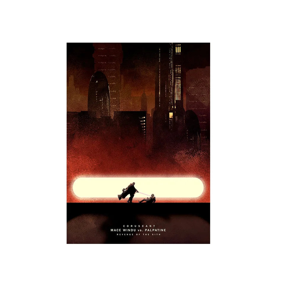 A dark, moody painting depicting a duel between two figures silhouetted against a bright light, inspired by Mandalorian theme