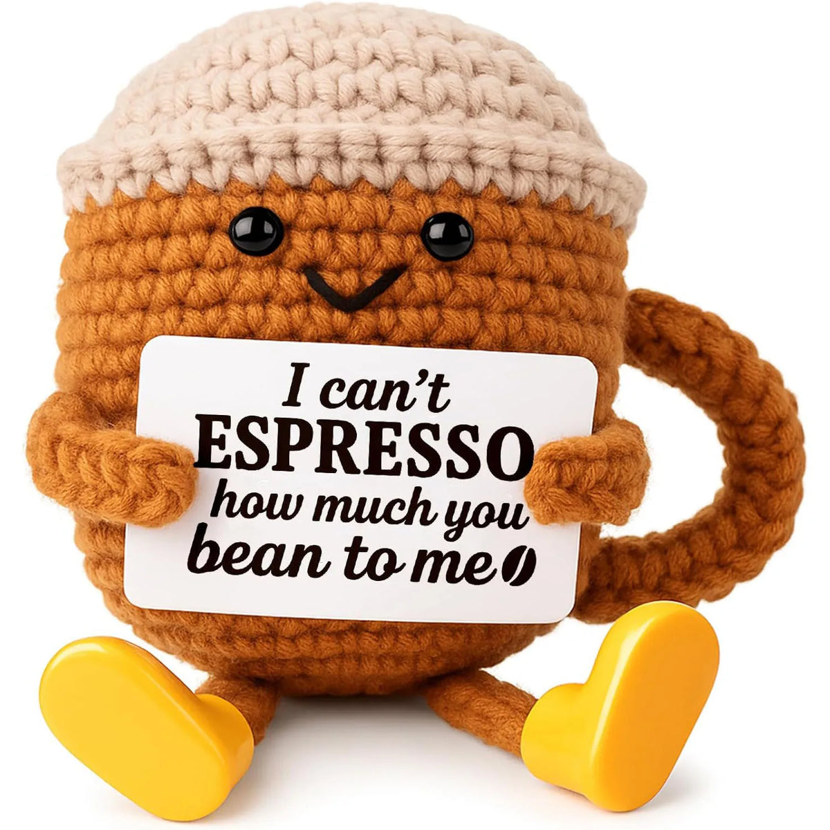 Handwoven knitted coffee cup cozy shaped like a smiling brown doll with yellow accents