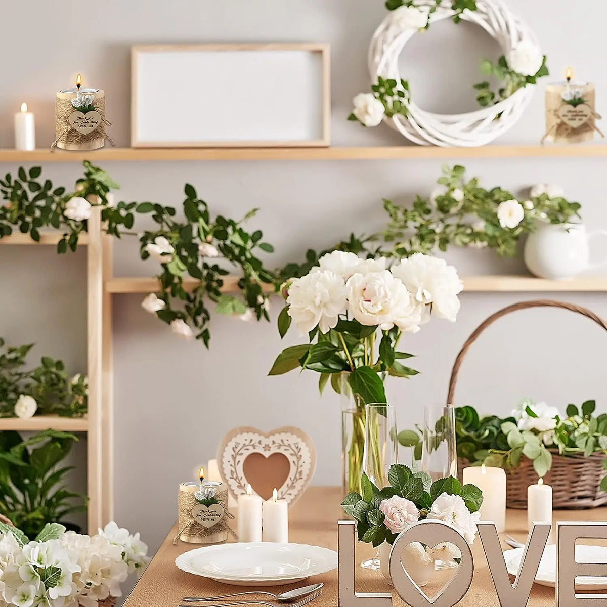 A display of handcrafted wooden tealight candle holders for wedding favors and gifts arranged on a shelf.