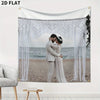 A white fabric banner featuring a romantic couple standing under a sheer white curtain backdrop.
