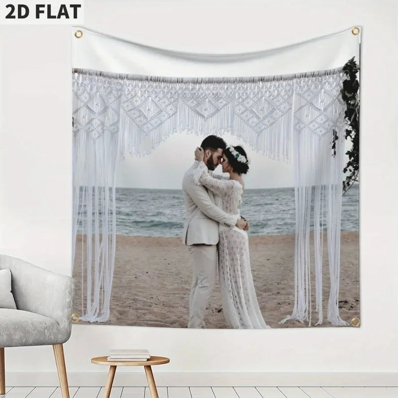 A white fabric banner featuring a romantic couple standing under a sheer white curtain backdrop.