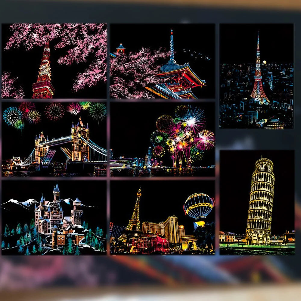 A collage of various colorful fireworks and landmarks including Tokyo Tower, Eiffel Tower, and Leaning Tower of Pisa.