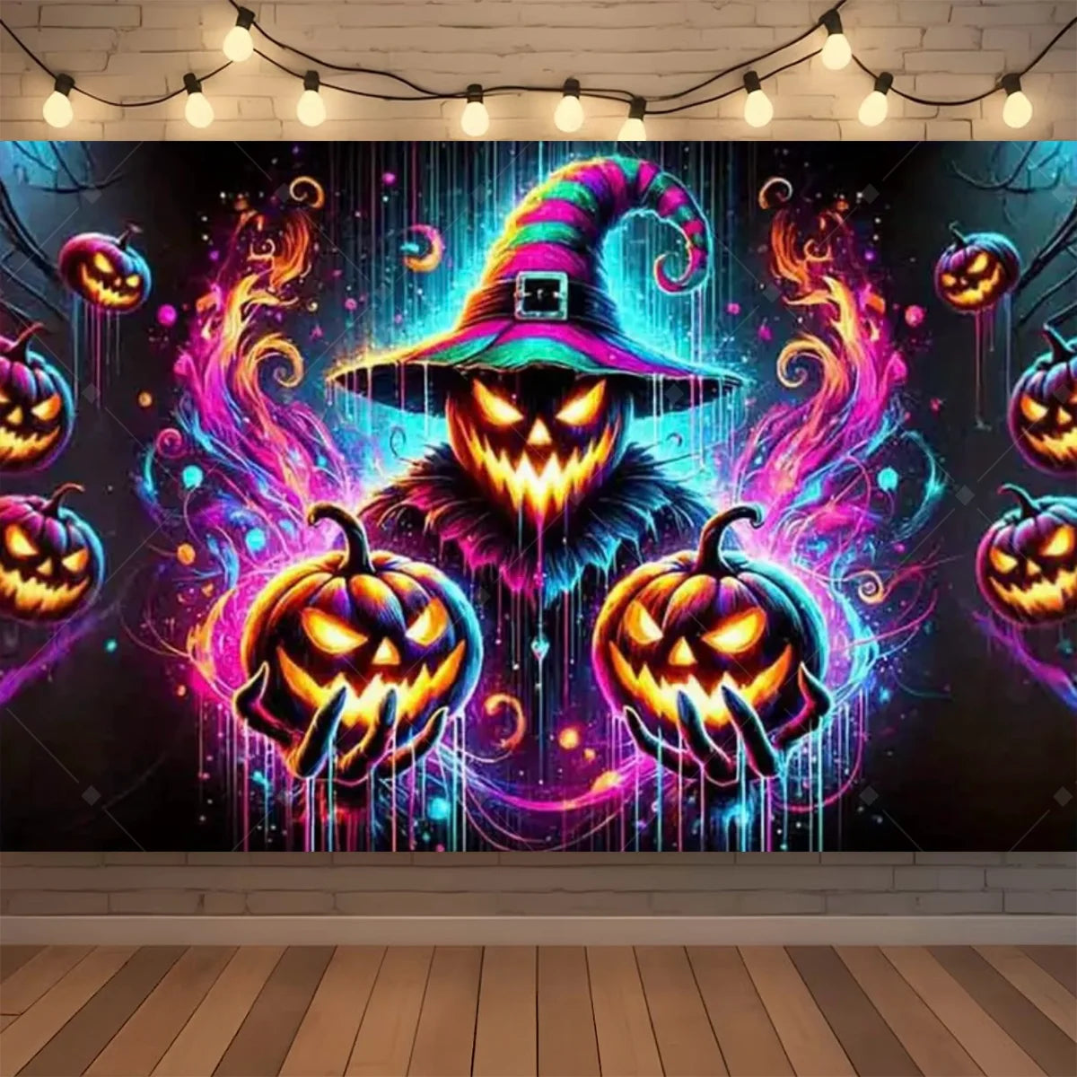 A dark backdrop featuring a glowing witch hat, pumpkins, and neon lights for a Halloween photo booth.