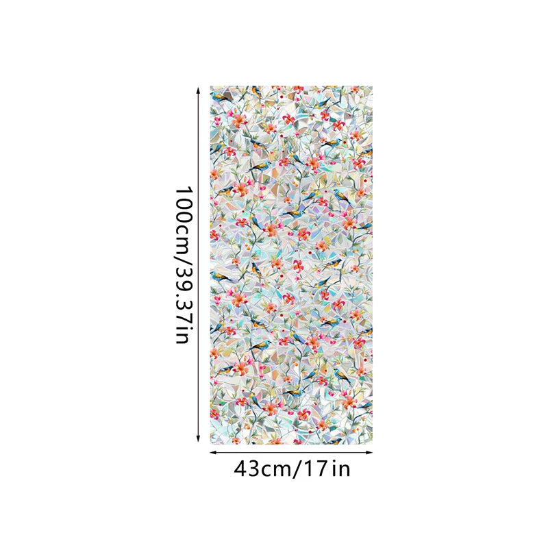 Botanical print static cling window film featuring a dense floral pattern of pink, orange, and green flowers on a light backg