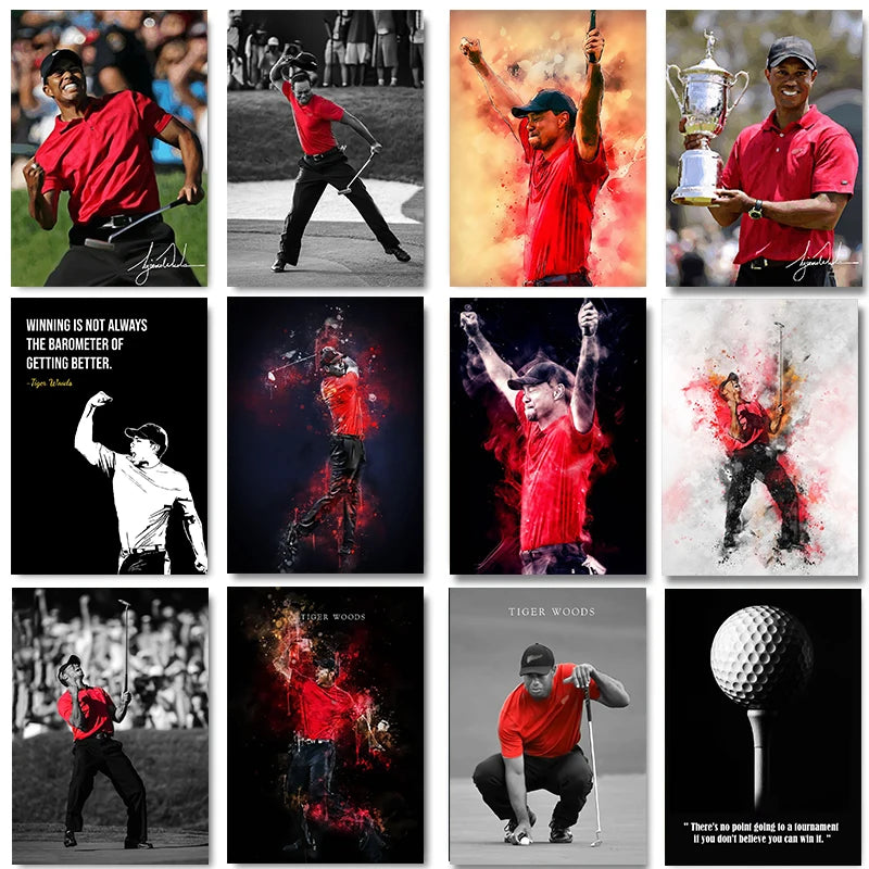 A collection of canvas wall art featuring portraits of Tiger Woods in various poses and colors.