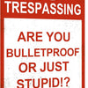A red metal sign with white text that reads NO TRESPASSING ARE YOU BULLETPROOF OR JUST STUPID?
