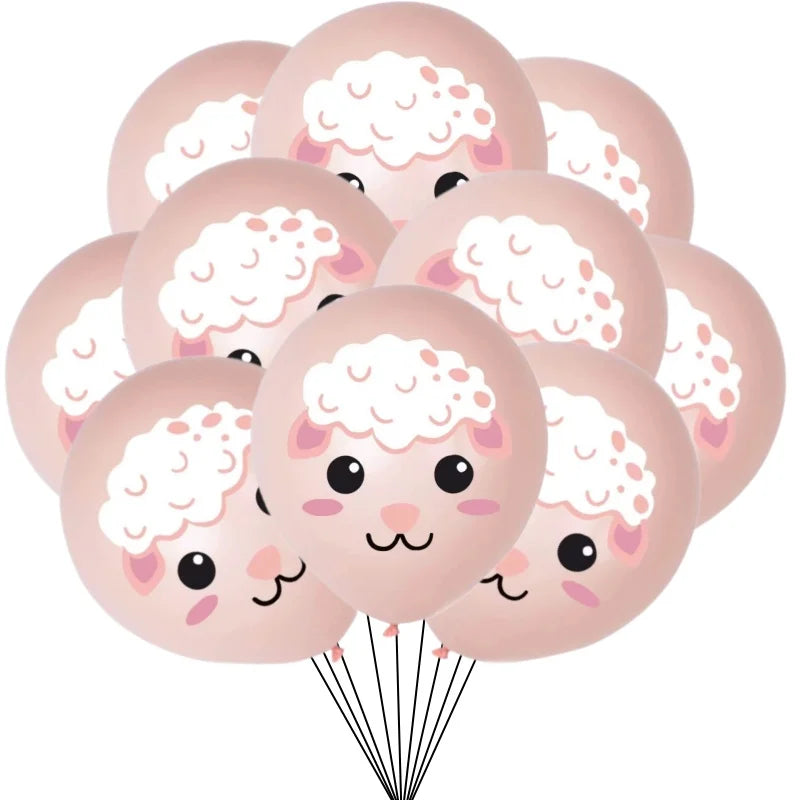 A set of pink latex balloons shaped like cute sheep faces.