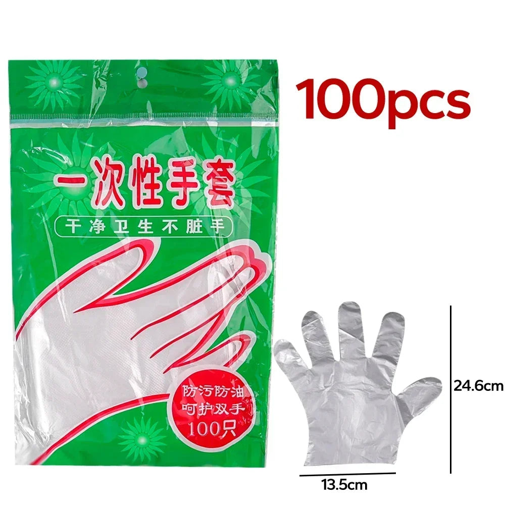 A package of 100 disposable PE gloves for kitchen and food preparation, showing a hand outline.