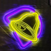 A glowing yellow bell shape neon sign is displayed within a purple neon outline against a dark background.