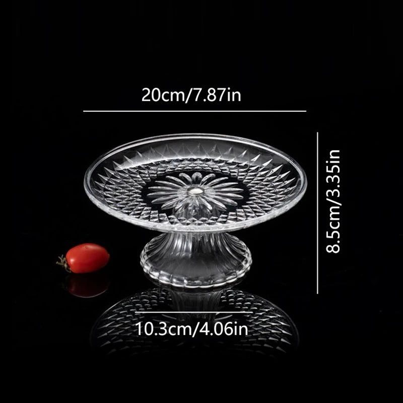 Clear acrylic serving plates for desserts salads and everyday entertaining shown with dimensions.