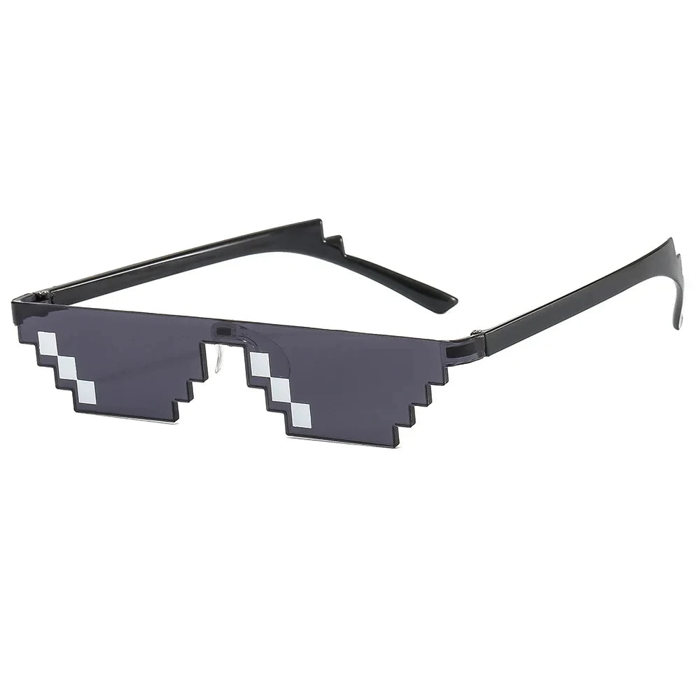 A pair of dark gray pixel mosaic sunglasses with black frames and UV400 protection.