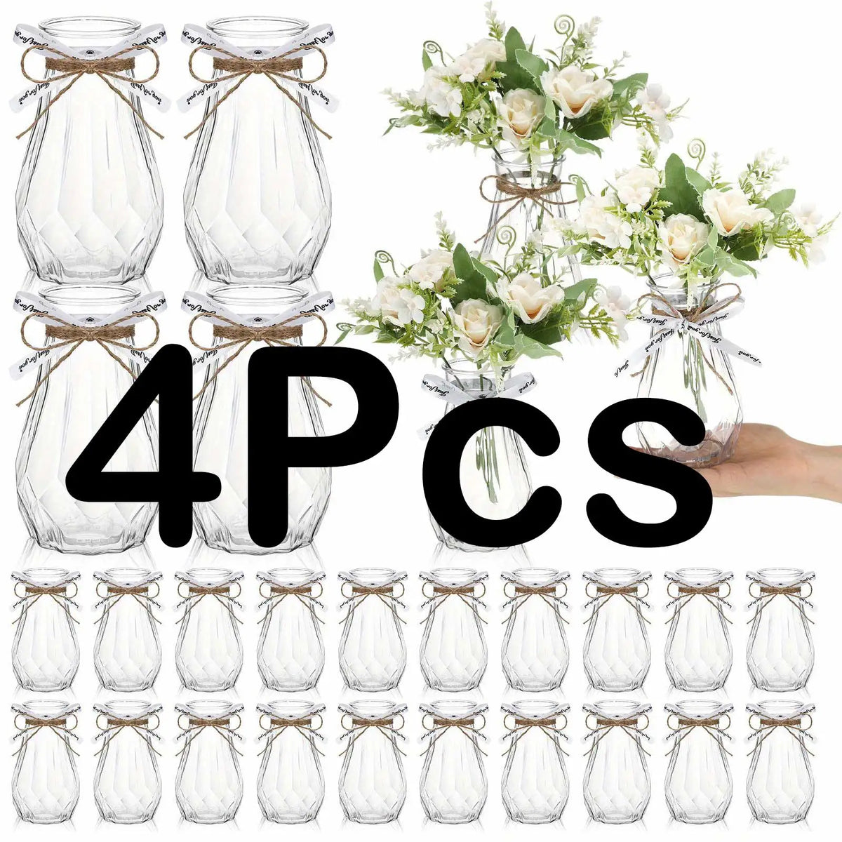 Four clear faceted diamond crystal plastic vases with natural twine accents.